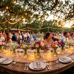 Rustic wedding reception table decorated with glowing mason jars, wildflowers, and string lights.