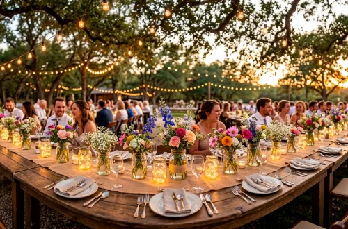 Rustic wedding reception table decorated with glowing mason jars, wildflowers, and string lights.