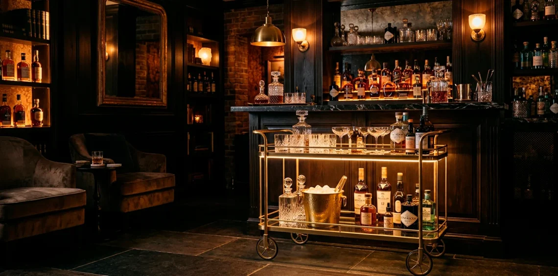 Luxurious home bar setup featuring a glowing metallic gold rolling cart and crystal glasses in a moody room