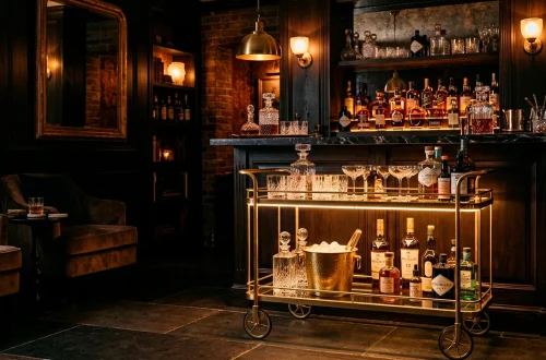 Luxurious home bar setup featuring a glowing metallic gold rolling cart and crystal glasses in a moody room