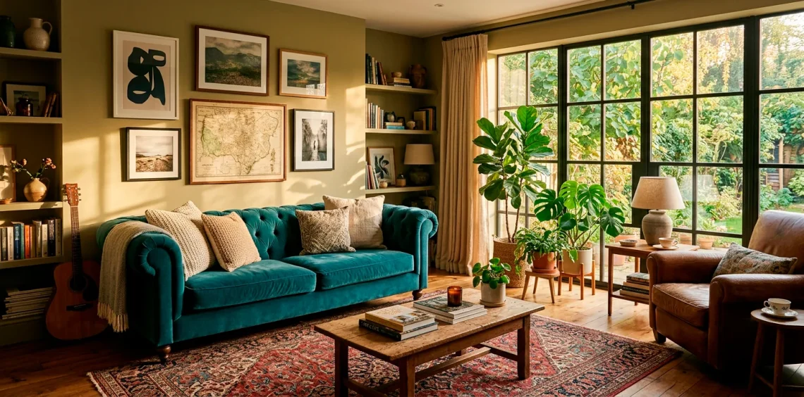 Cozy eclectic living room with velvet sofa, vintage rug, and curated wall art showing personalized decor