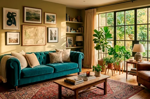Cozy eclectic living room with velvet sofa, vintage rug, and curated wall art showing personalized decor