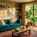 Cozy eclectic living room with velvet sofa, vintage rug, and curated wall art showing personalized decor
