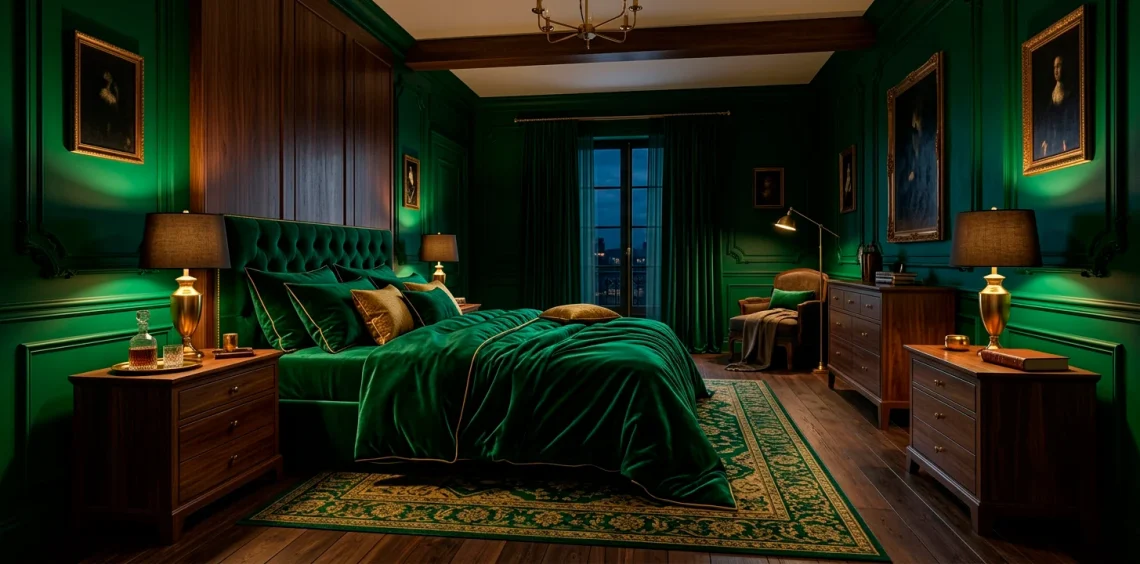 Luxurious moody bedroom featuring emerald green walls and glowing brass accents