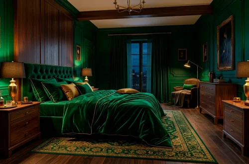 Luxurious moody bedroom featuring emerald green walls and glowing brass accents
