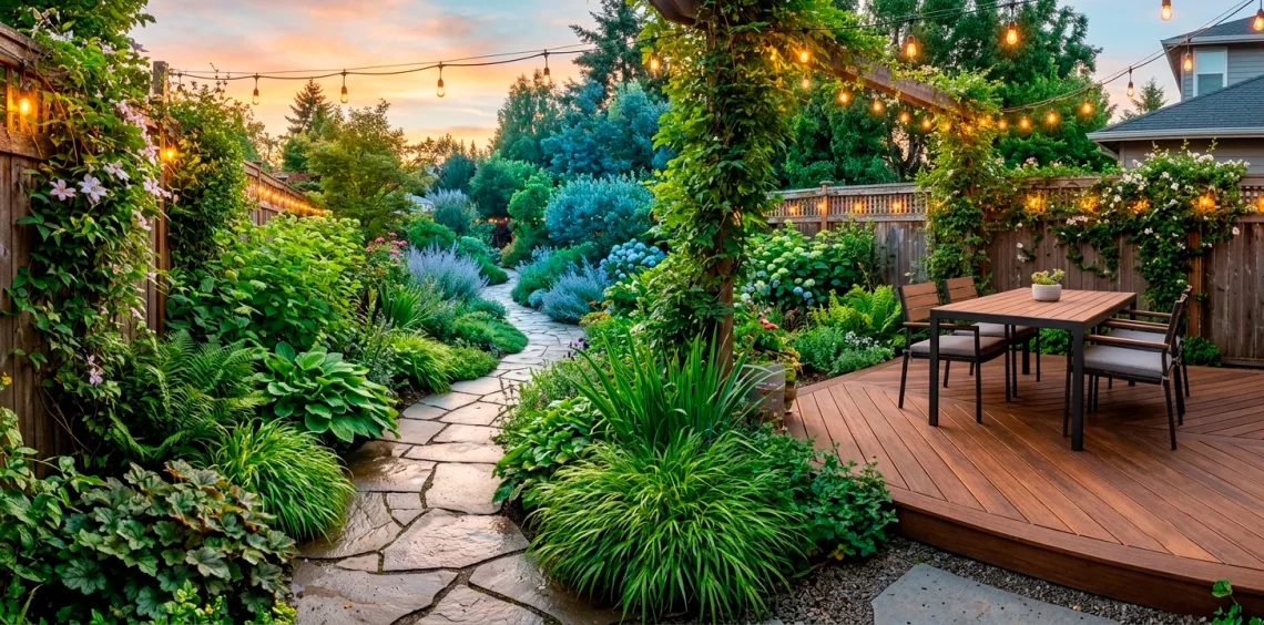 Wide view of a beautiful, deeply landscaped backyard utilizing optical illusions with a winding path and lighting.