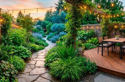 Wide view of a beautiful, deeply landscaped backyard utilizing optical illusions with a winding path and lighting.