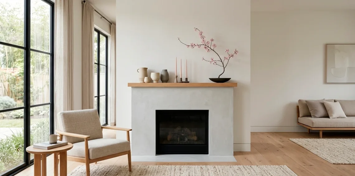 Minimalist Japandi Valentine's Day mantel decor featuring blush taper candles, wabi-sabi vases, and organic wood textures.