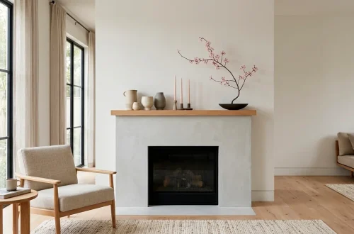 Minimalist Japandi Valentine's Day mantel decor featuring blush taper candles, wabi-sabi vases, and organic wood textures.