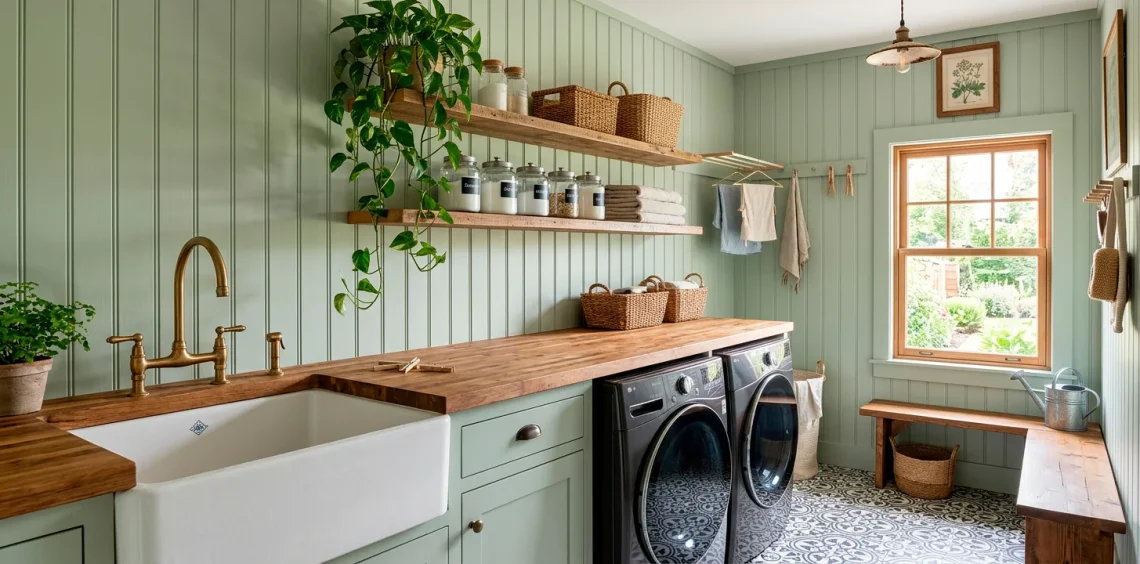 Cozy cottage laundry room with sage green beadboard, butcher block counters, and a farmhouse sink