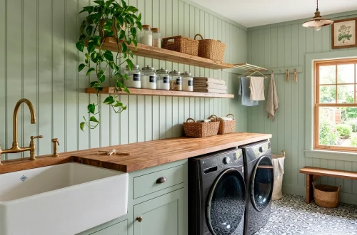 Cozy cottage laundry room with sage green beadboard, butcher block counters, and a farmhouse sink