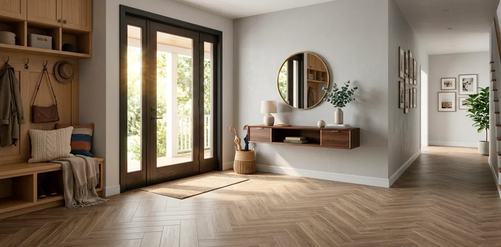 A modern and beautifully designed entryway featuring durable herringbone tile flooring, a console table, and soft natural light.