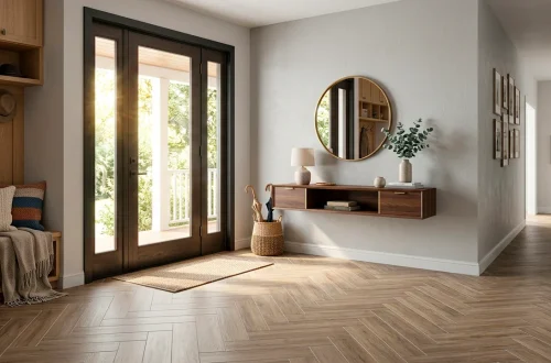 A modern and beautifully designed entryway featuring durable herringbone tile flooring, a console table, and soft natural light.