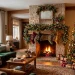 Wide view of a cozy Christmas living room featuring a decorated fireplace mantel, glowing tree, and lush holiday garland.