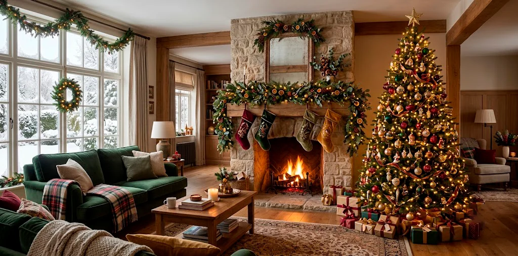 Wide view of a cozy Christmas living room featuring a decorated fireplace mantel, glowing tree, and lush holiday garland.