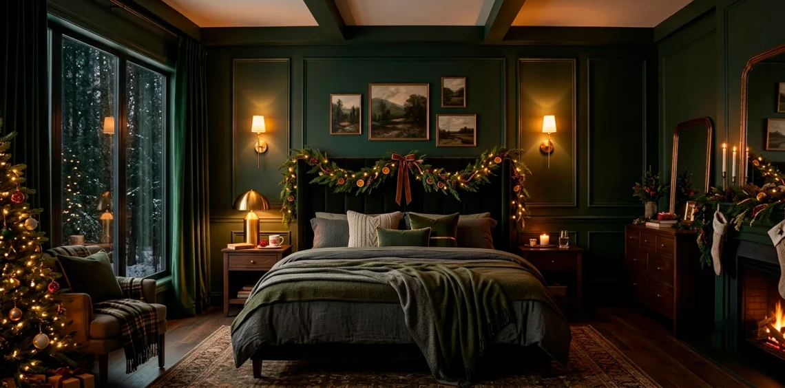 Wide shot of a moody deep forest green bedroom decorated for the holidays with dark bedding and cedar garlands.