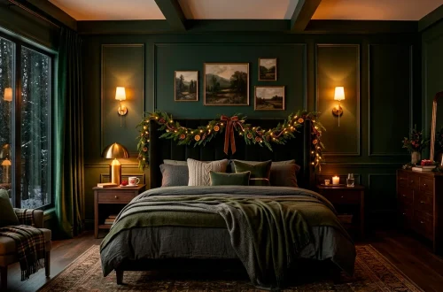 Wide shot of a moody deep forest green bedroom decorated for the holidays with dark bedding and cedar garlands.
