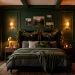 Wide shot of a moody deep forest green bedroom decorated for the holidays with dark bedding and cedar garlands.