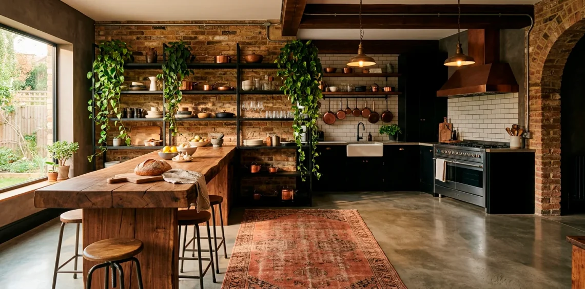 Warm modern industrial kitchen featuring wood accents, vintage rugs, and lush greenery softening harsh metal lines.