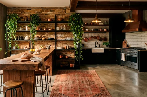 Warm modern industrial kitchen featuring wood accents, vintage rugs, and lush greenery softening harsh metal lines.