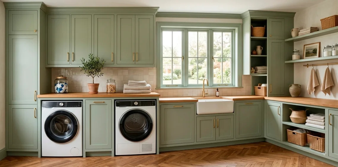 Wide view of a modern laundry room featuring sage green built-in cabinets and sleek washing machines under bright sunlight.