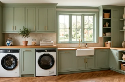 Wide view of a modern laundry room featuring sage green built-in cabinets and sleek washing machines under bright sunlight.
