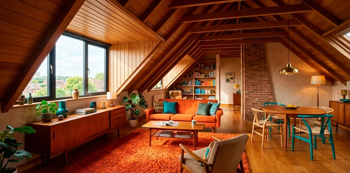 A wide view of a colorful retro mid-century modern attic apartment with a bright orange rug and sloped ceilings.