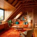 A wide view of a colorful retro mid-century modern attic apartment with a bright orange rug and sloped ceilings.