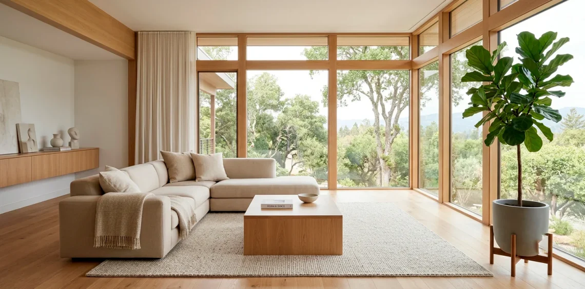 Bright Scandinavian minimalist living room with beige sectional and natural wood coffee table