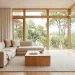 Bright Scandinavian minimalist living room with beige sectional and natural wood coffee table