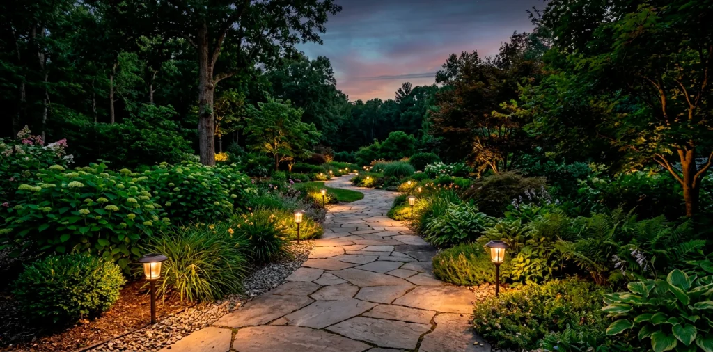 Beautifully illuminated garden pathway at twilight featuring warm solar-powered path lights and lush landscaping.