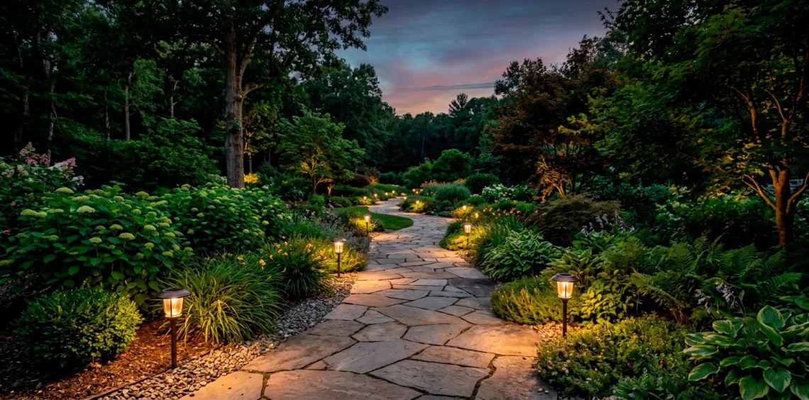 Beautifully illuminated garden pathway at twilight featuring warm solar-powered path lights and lush landscaping.