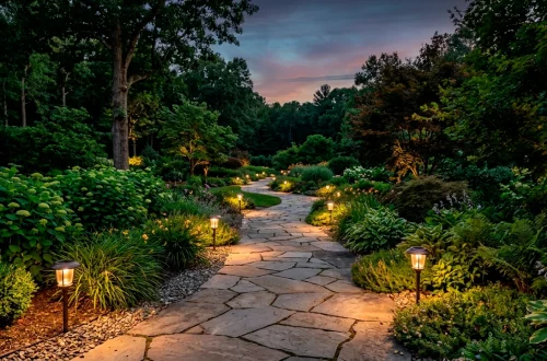 Beautifully illuminated garden pathway at twilight featuring warm solar-powered path lights and lush landscaping.
