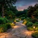 Beautifully illuminated garden pathway at twilight featuring warm solar-powered path lights and lush landscaping.