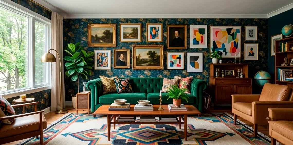 Wide view of a vintage eclectic living room with a green velvet sofa, mid-century coffee table, and geometric rug.