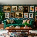 Wide view of a vintage eclectic living room with a green velvet sofa, mid-century coffee table, and geometric rug.