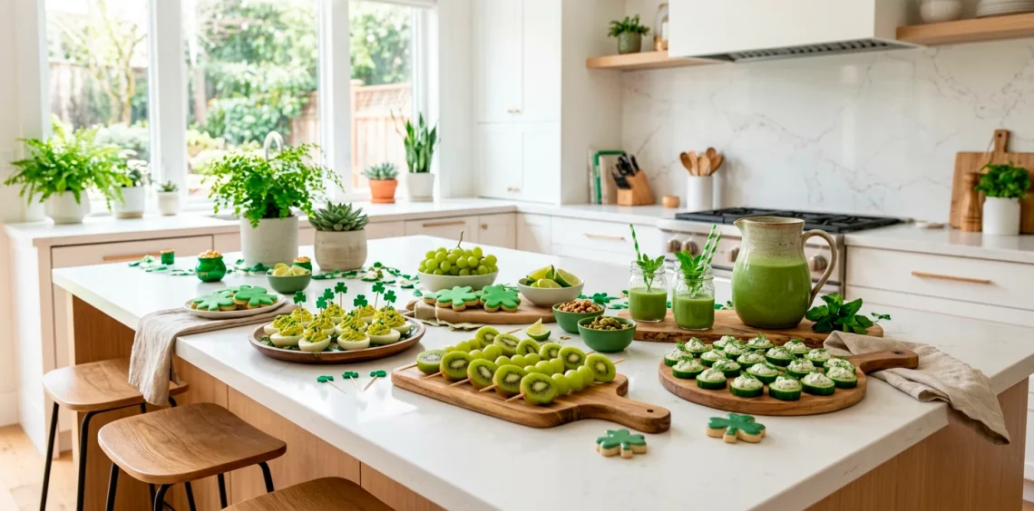 Beautifully styled kitchen island featuring a variety of healthy green St. Patrick's Day snacks on wooden boards.