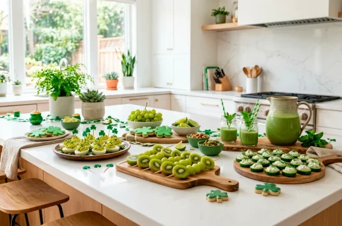 Beautifully styled kitchen island featuring a variety of healthy green St. Patrick's Day snacks on wooden boards.