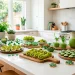 Beautifully styled kitchen island featuring a variety of healthy green St. Patrick's Day snacks on wooden boards.