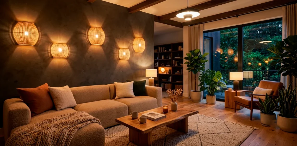 Cozy living room illuminated by DIY rattan wall sconces with no wiring required
