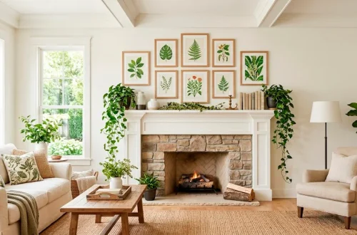 Bright summer living room fireplace mantel styled with lush green botanical art prints and trailing ivy.