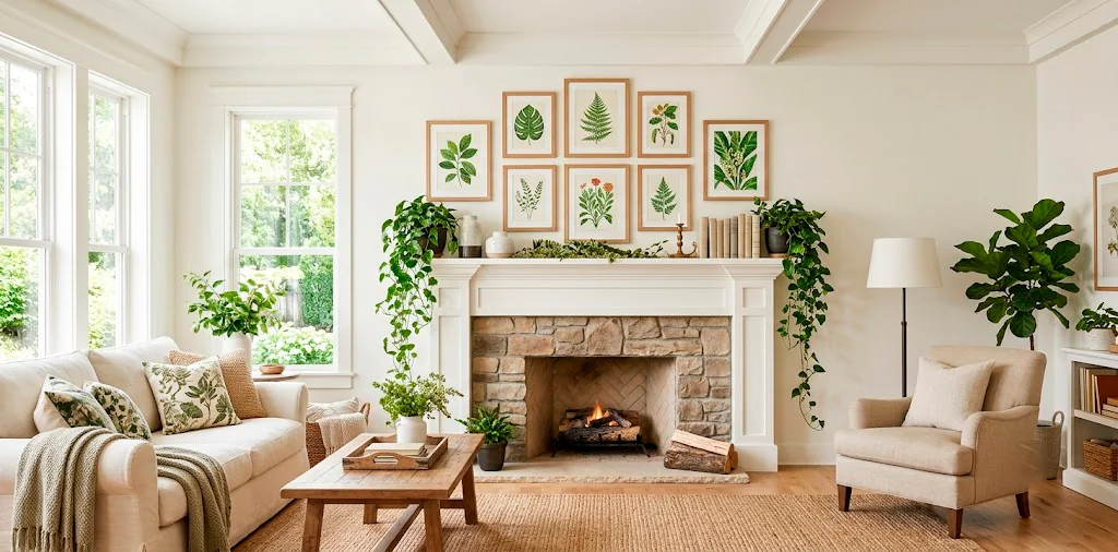 Bright summer living room fireplace mantel styled with lush green botanical art prints and trailing ivy.