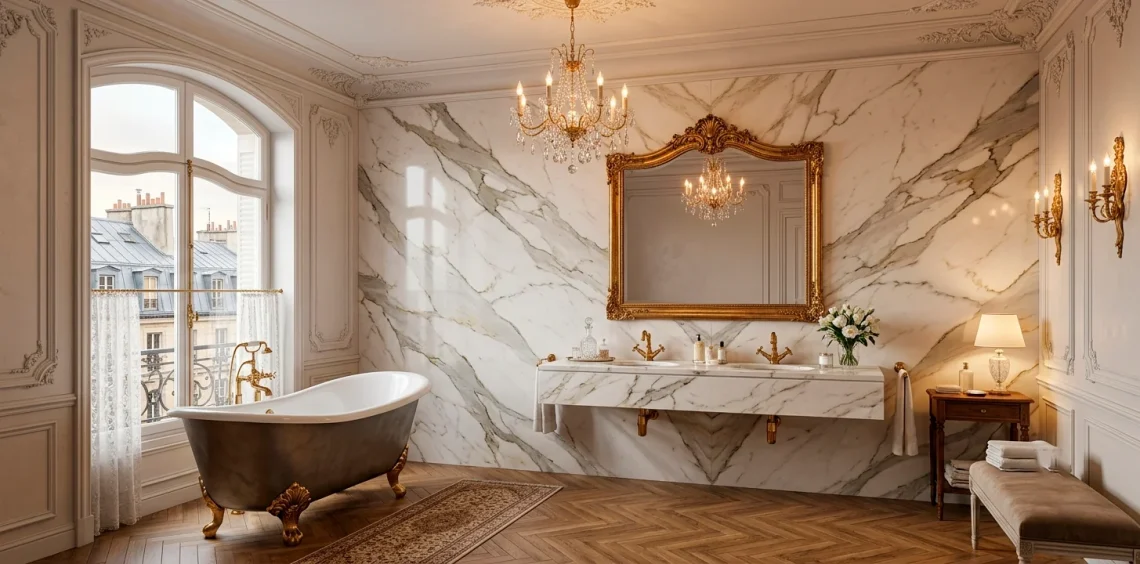 Luxurious Parisian chic bathroom featuring Calacatta marble walls, a freestanding tub with gold claw feet, and vintage brass fixtures.
