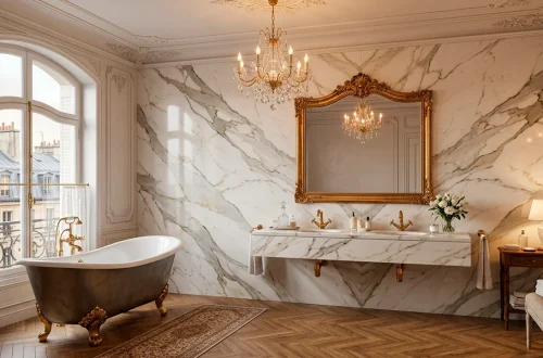 Luxurious Parisian chic bathroom featuring Calacatta marble walls, a freestanding tub with gold claw feet, and vintage brass fixtures.