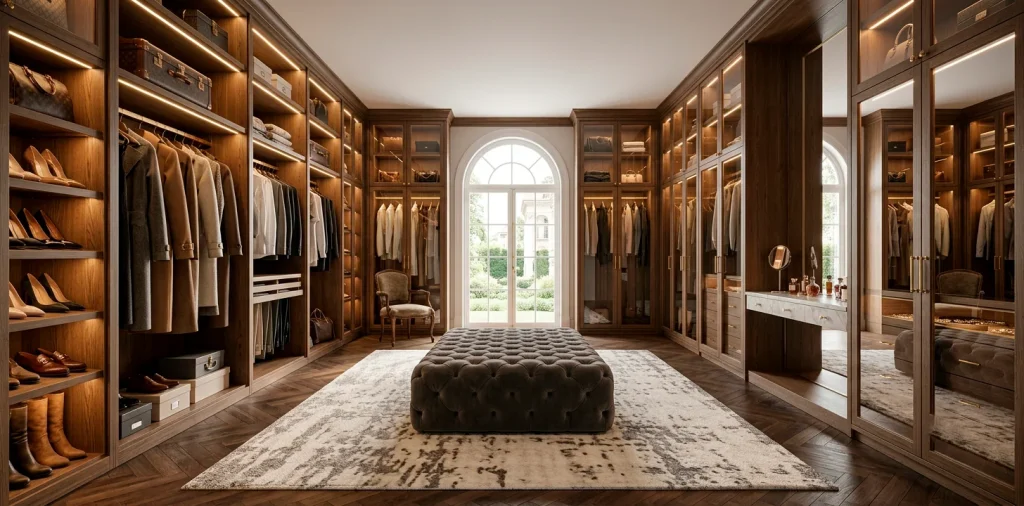 Luxurious wide modern dressing room with floor-to-ceiling wood cabinetry and glass display cases