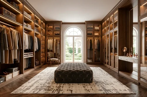 Luxurious wide modern dressing room with floor-to-ceiling wood cabinetry and glass display cases