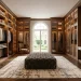 Luxurious wide modern dressing room with floor-to-ceiling wood cabinetry and glass display cases