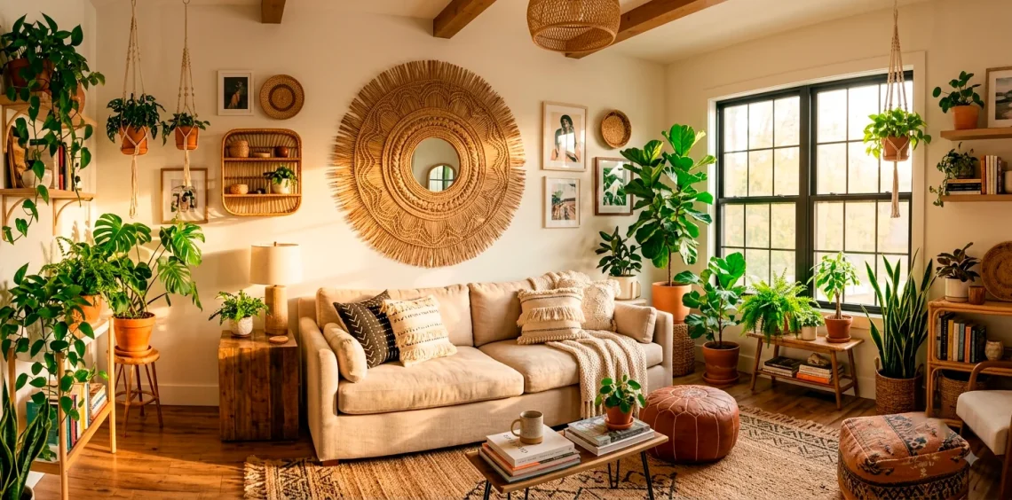 Sunlit bohemian living room featuring a large decorative woven rattan sunburst mirror above a beige linen sofa