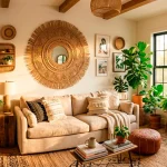 Sunlit bohemian living room featuring a large decorative woven rattan sunburst mirror above a beige linen sofa