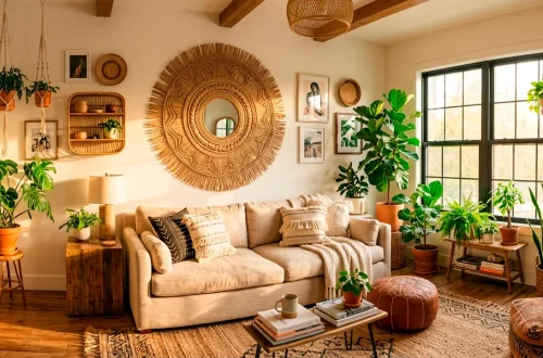 Sunlit bohemian living room featuring a large decorative woven rattan sunburst mirror above a beige linen sofa